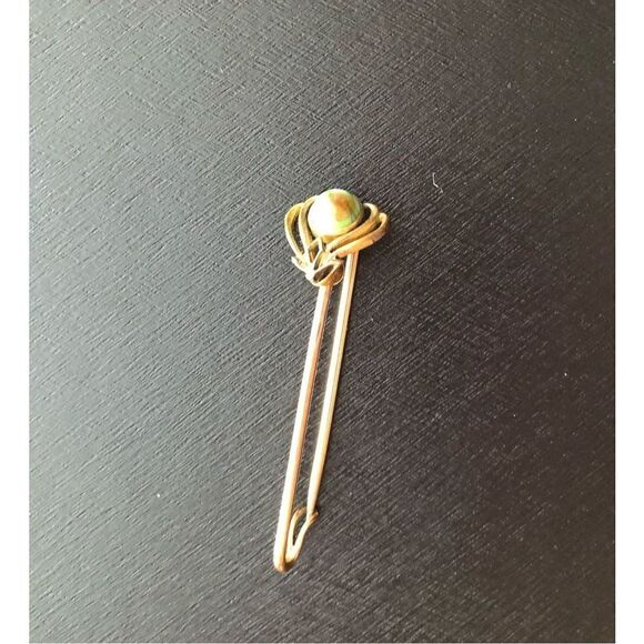 ANTIQUE - 🎉HP🎉 Brass? & Tiger Eye Art Nouveau Bar Pin/Collar Bar/Kilt Pin - Picture 8 of 10